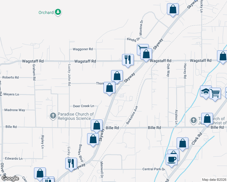 map of restaurants, bars, coffee shops, grocery stores, and more near 7931 Skyway in Paradise