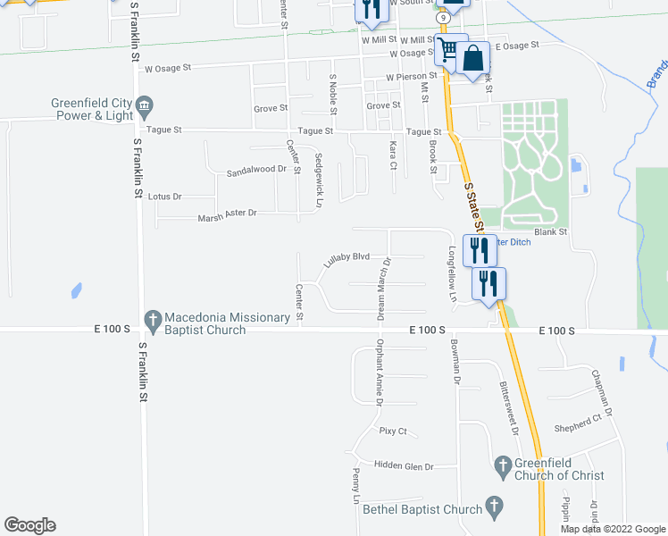 map of restaurants, bars, coffee shops, grocery stores, and more near 459 Lullaby Boulevard in Greenfield