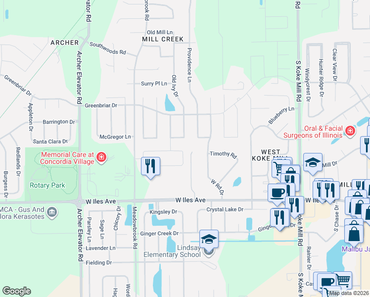 map of restaurants, bars, coffee shops, grocery stores, and more near Stone Creek Drive in Springfield