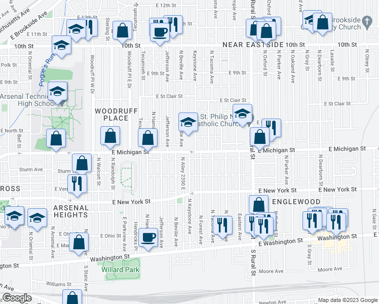 map of restaurants, bars, coffee shops, grocery stores, and more near 945 North Keystone Avenue in Indianapolis