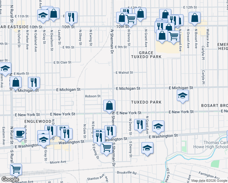 map of restaurants, bars, coffee shops, grocery stores, and more near 422 North Bradley Avenue in Indianapolis