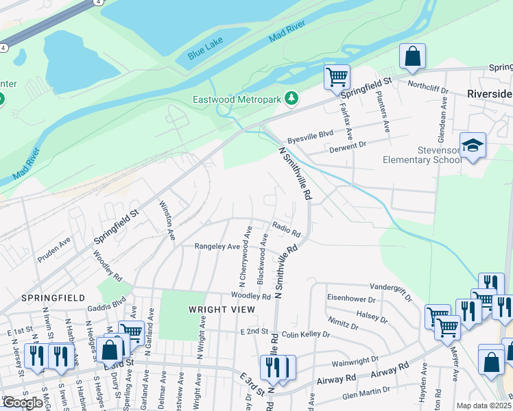 map of restaurants, bars, coffee shops, grocery stores, and more near 420 North Cherrywood Avenue in Dayton