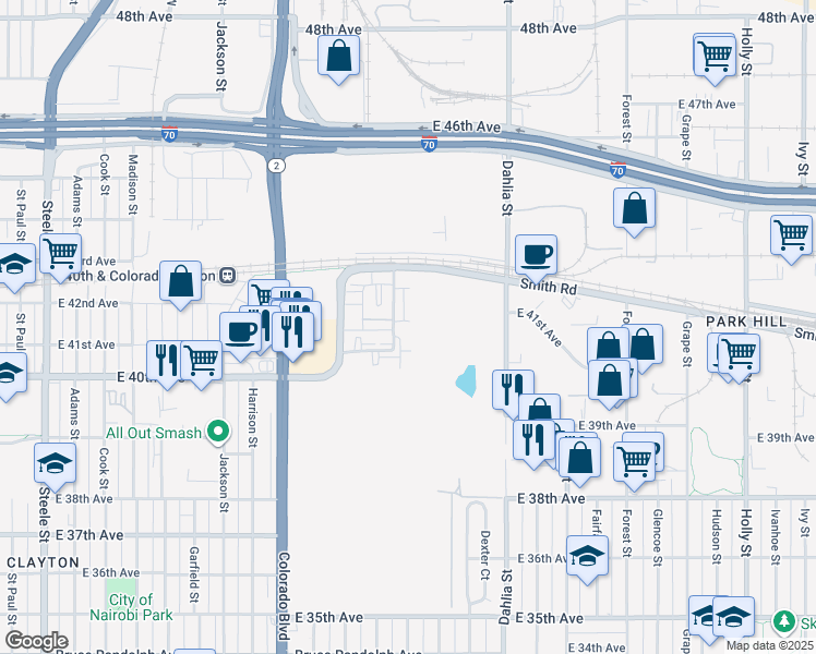 map of restaurants, bars, coffee shops, grocery stores, and more near 4060 Albion Street in Denver
