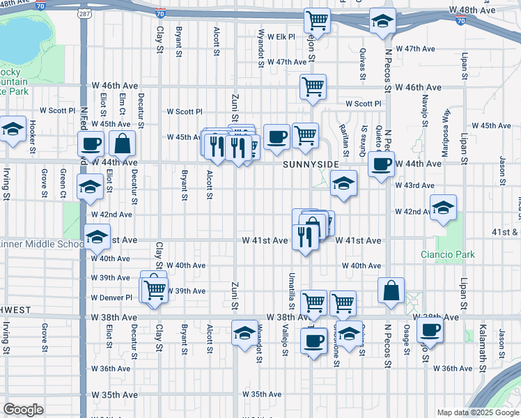 map of restaurants, bars, coffee shops, grocery stores, and more near 4157 Wyandot Street in Denver
