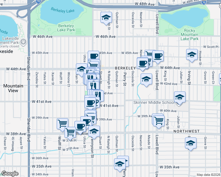 map of restaurants, bars, coffee shops, grocery stores, and more near 4222 North Raleigh Street in Denver
