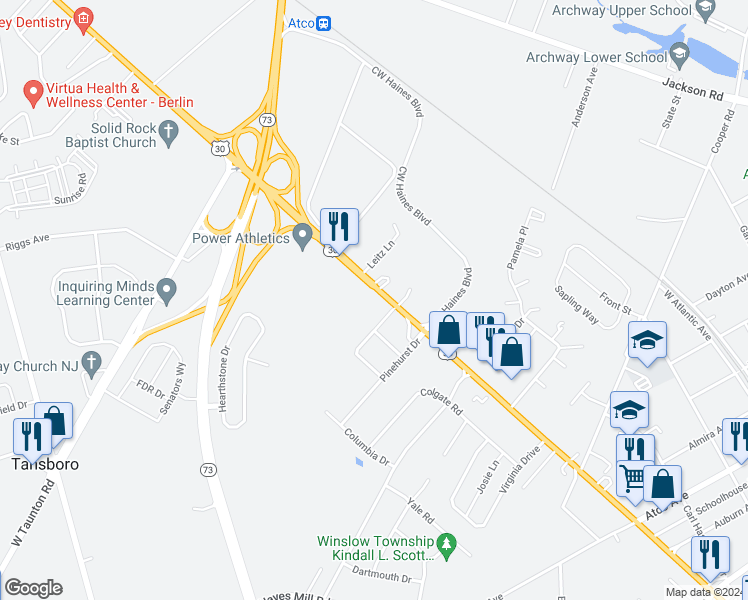 map of restaurants, bars, coffee shops, grocery stores, and more near 19 Deerpond Boulevard in Atco