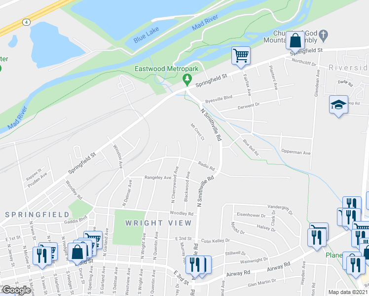 map of restaurants, bars, coffee shops, grocery stores, and more near 411 Blackwood Avenue in Dayton