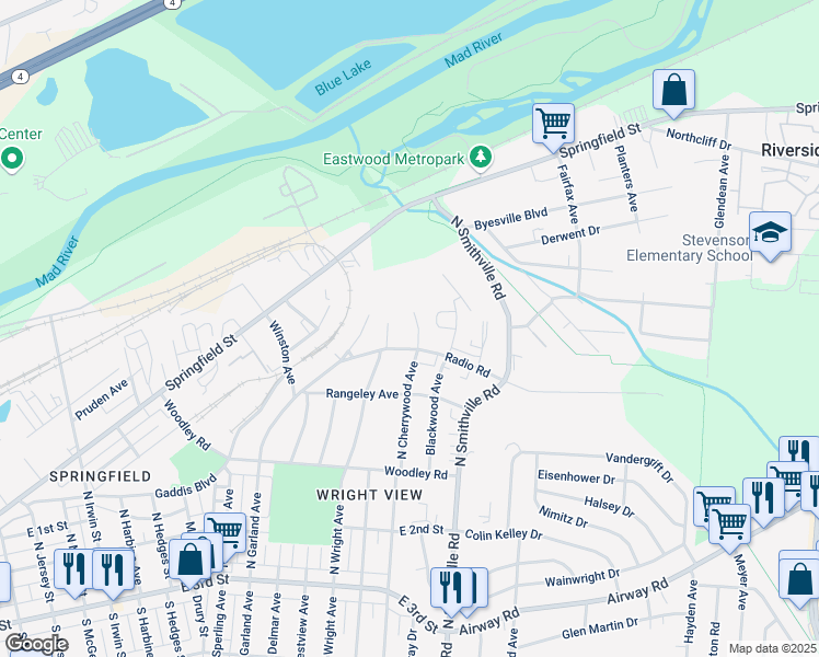 map of restaurants, bars, coffee shops, grocery stores, and more near 1501 Radio Road in Dayton