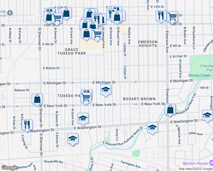 map of restaurants, bars, coffee shops, grocery stores, and more near 421 North Linwood Avenue in Indianapolis