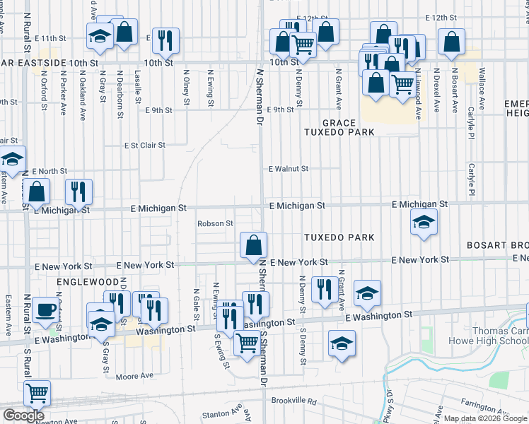 map of restaurants, bars, coffee shops, grocery stores, and more near 422 North Bradley Avenue in Indianapolis