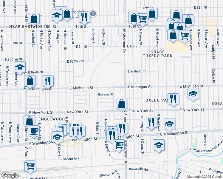 map of restaurants, bars, coffee shops, grocery stores, and more near 3618 Robson Street in Indianapolis