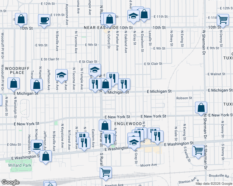 map of restaurants, bars, coffee shops, grocery stores, and more near 442 North Oxford Street in Indianapolis