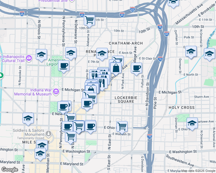 map of restaurants, bars, coffee shops, grocery stores, and more near 420 East Michigan Street in Indianapolis