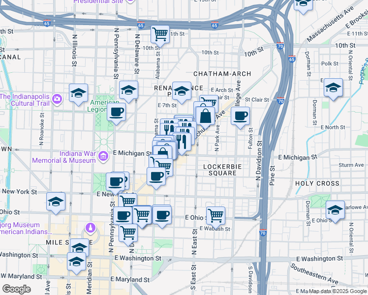 map of restaurants, bars, coffee shops, grocery stores, and more near 420 East Michigan Street in Indianapolis