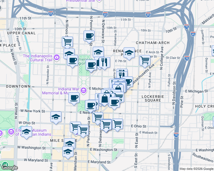 map of restaurants, bars, coffee shops, grocery stores, and more near 210 East Michigan Street in Indianapolis
