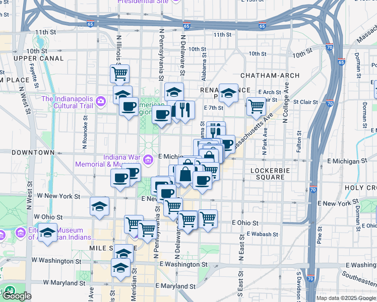 map of restaurants, bars, coffee shops, grocery stores, and more near 210 East Michigan Street in Indianapolis