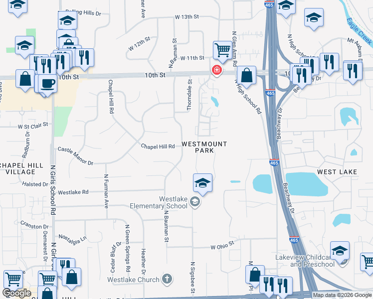 map of restaurants, bars, coffee shops, grocery stores, and more near 538 Farley Drive in Indianapolis
