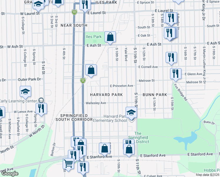 map of restaurants, bars, coffee shops, grocery stores, and more near 2322 South 9th Street in Springfield