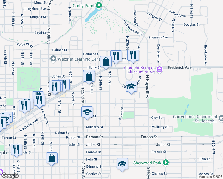 map of restaurants, bars, coffee shops, grocery stores, and more near 731 North 25th Street in Saint Joseph