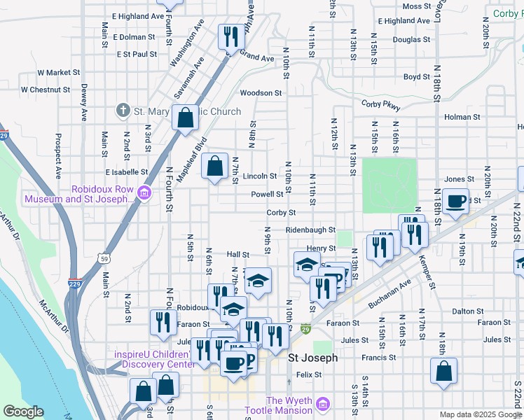 map of restaurants, bars, coffee shops, grocery stores, and more near 920 North 9th Street in Saint Joseph