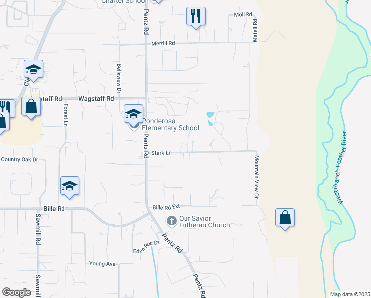 map of restaurants, bars, coffee shops, grocery stores, and more near 1805 Stark Lane in Paradise