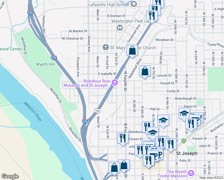 map of restaurants, bars, coffee shops, grocery stores, and more near 219 East Poulin Street in Saint Joseph