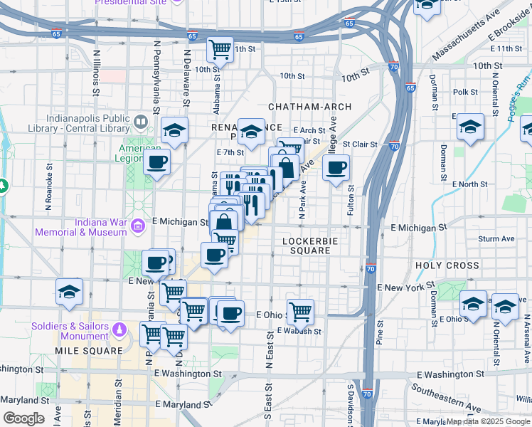 map of restaurants, bars, coffee shops, grocery stores, and more near 555 Massachusetts Avenue in Indianapolis