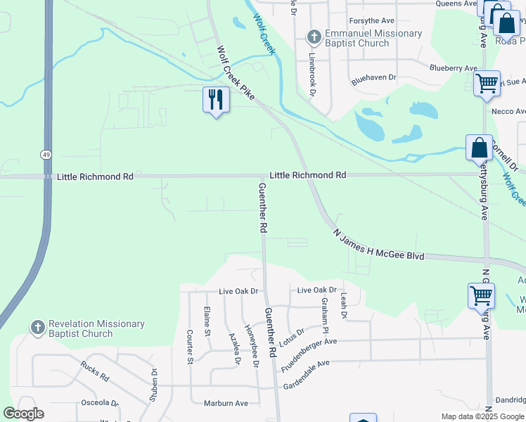 map of restaurants, bars, coffee shops, grocery stores, and more near 1906 Guenther Road in Dayton