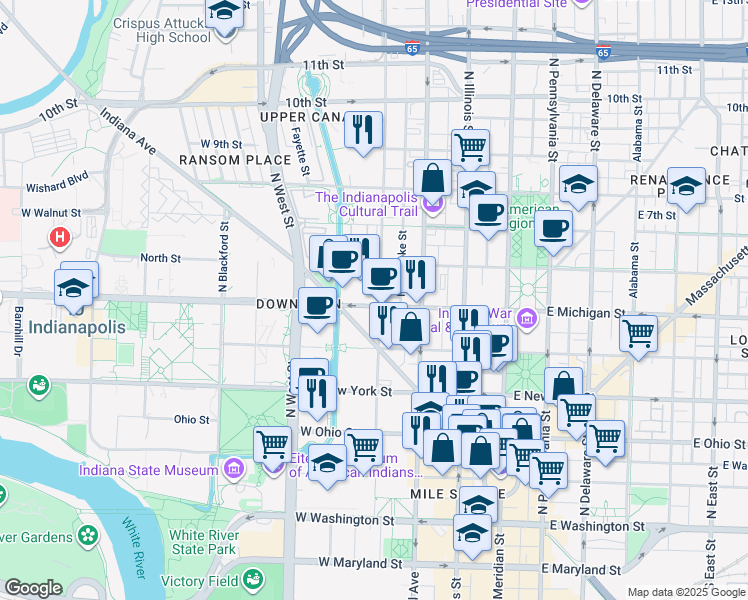 map of restaurants, bars, coffee shops, grocery stores, and more near 310 West Michigan Street in Indianapolis