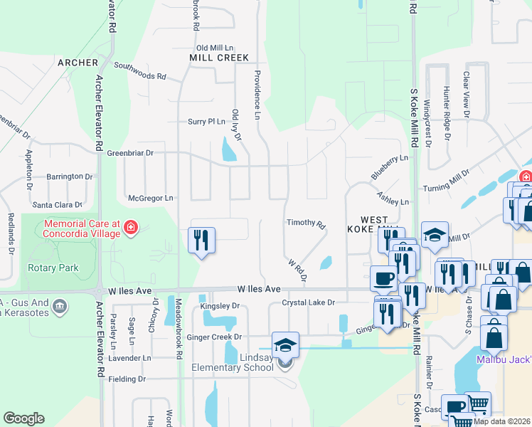 map of restaurants, bars, coffee shops, grocery stores, and more near 2101-2225 West Road Drive in Springfield