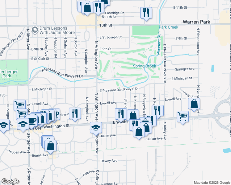 map of restaurants, bars, coffee shops, grocery stores, and more near 6141 East Pleasant Run Parkway South Drive in Indianapolis