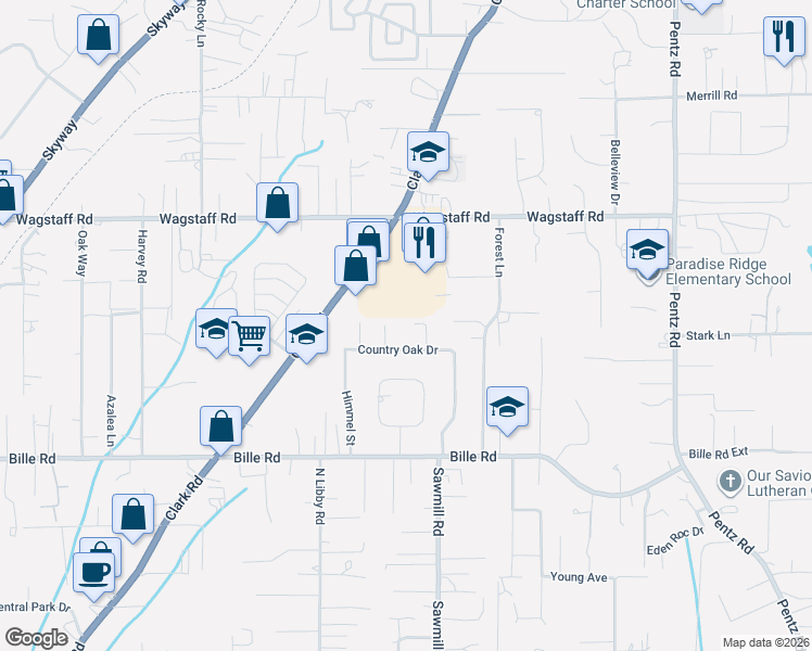 map of restaurants, bars, coffee shops, grocery stores, and more near 6295 Dawnridge Court in Paradise