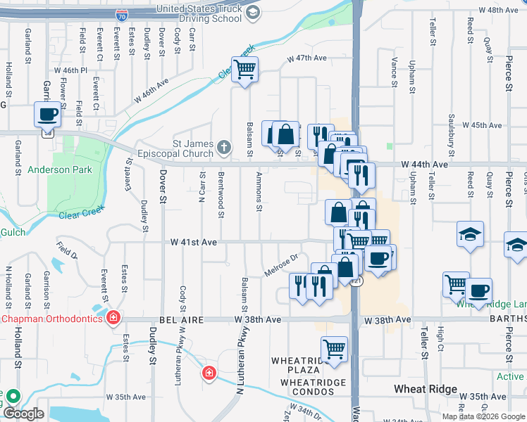 map of restaurants, bars, coffee shops, grocery stores, and more near 4180 Ammons Street in Wheat Ridge