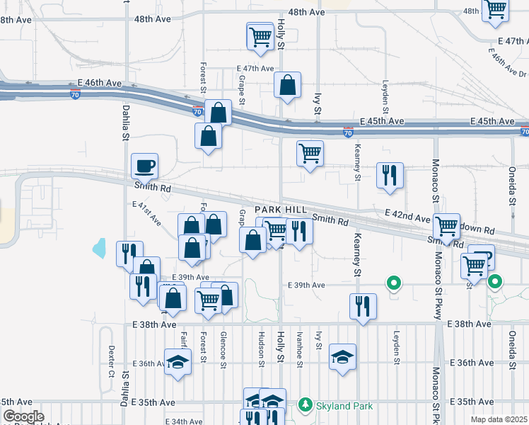map of restaurants, bars, coffee shops, grocery stores, and more near 4105 Holly St in Denver