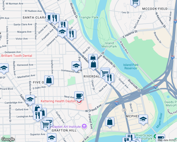 map of restaurants, bars, coffee shops, grocery stores, and more near 538 Brightwood Avenue in Dayton
