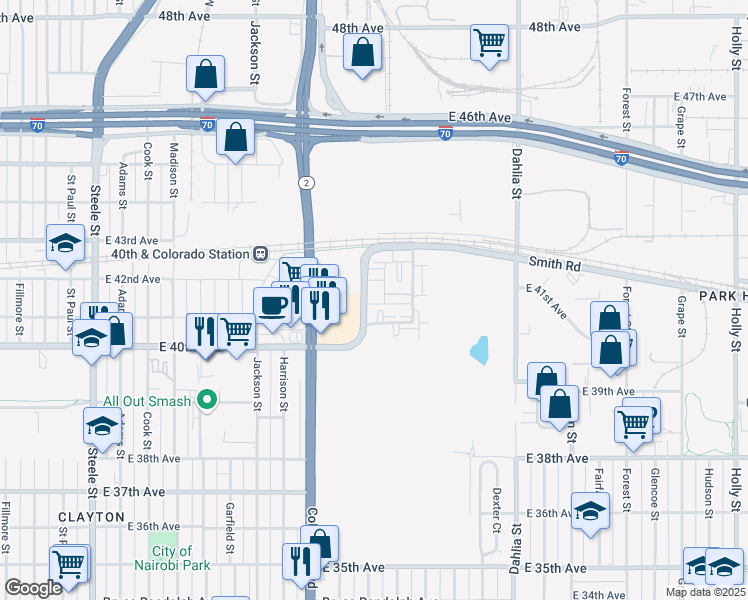 map of restaurants, bars, coffee shops, grocery stores, and more near 4055 Albion Street in Denver