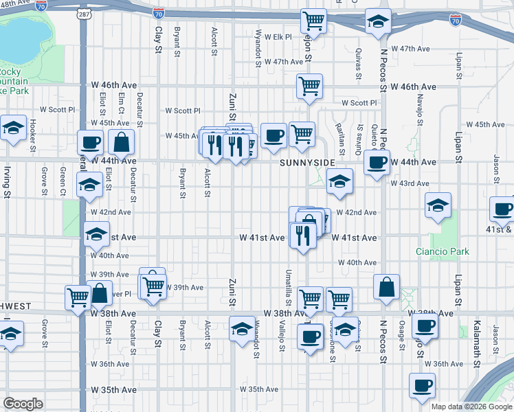 map of restaurants, bars, coffee shops, grocery stores, and more near 4157 Wyandot Street in Denver