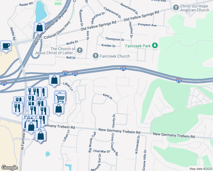 map of restaurants, bars, coffee shops, grocery stores, and more near 2947 Pascal Drive in Dayton