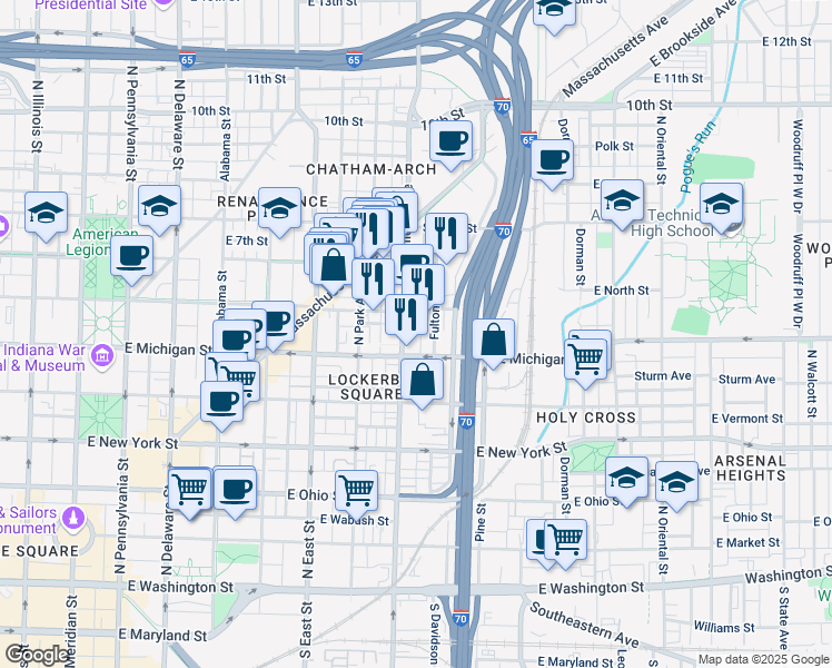 map of restaurants, bars, coffee shops, grocery stores, and more near 708 East Michigan Street in Indianapolis