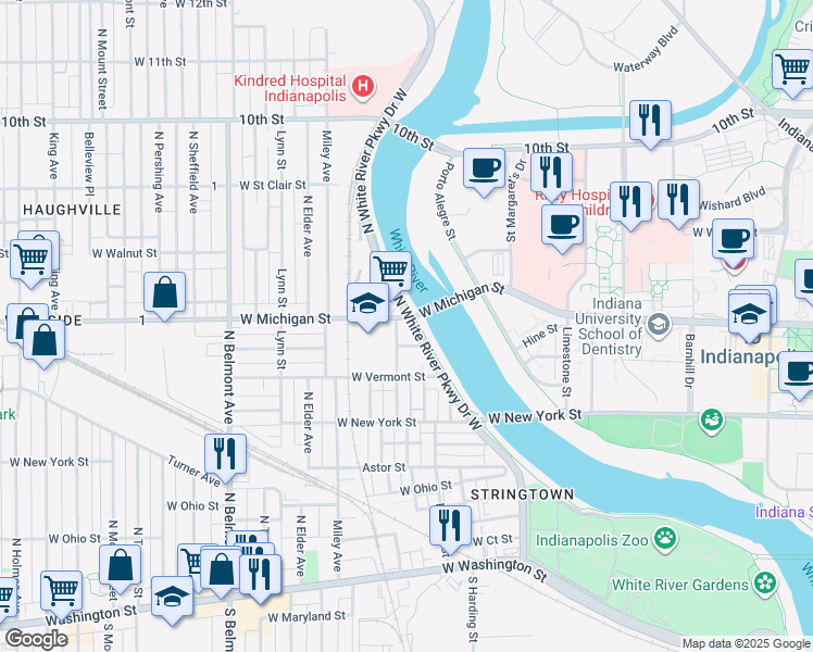 map of restaurants, bars, coffee shops, grocery stores, and more near 1534 Wilcox Street in Indianapolis