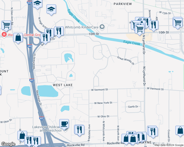 map of restaurants, bars, coffee shops, grocery stores, and more near 536 Grand Woods Drive in Indianapolis