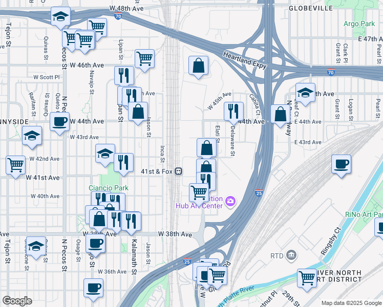 map of restaurants, bars, coffee shops, grocery stores, and more near 4159 Fox Street in Denver