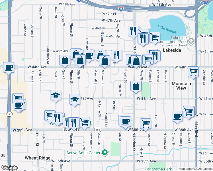 map of restaurants, bars, coffee shops, grocery stores, and more near 4155 North Lamar Street in Wheat Ridge
