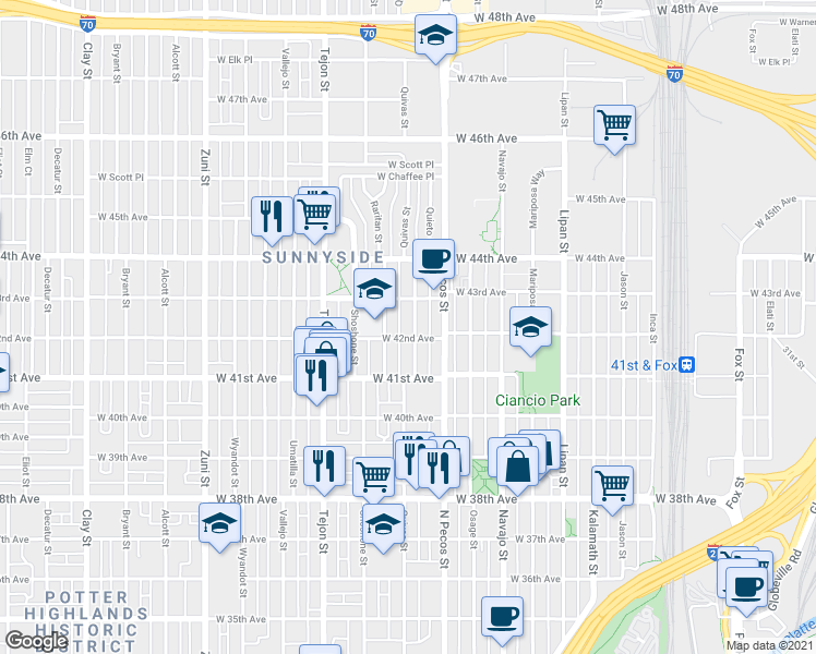 map of restaurants, bars, coffee shops, grocery stores, and more near 4213 Quivas Street in Denver