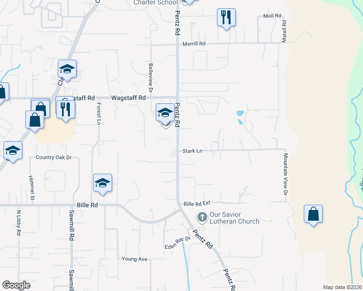 map of restaurants, bars, coffee shops, grocery stores, and more near 6572 Pentz Road in Paradise