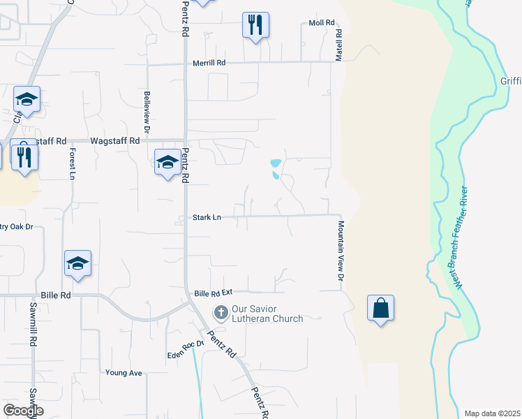 map of restaurants, bars, coffee shops, grocery stores, and more near 1833 Stark Lane in Paradise