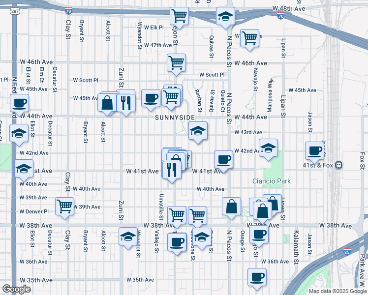 map of restaurants, bars, coffee shops, grocery stores, and more near 4155 Shoshone Street in Denver
