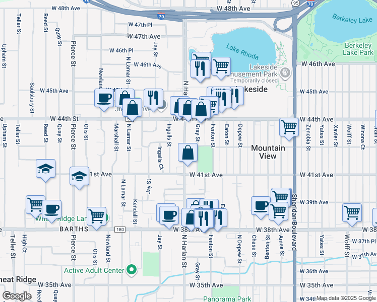 map of restaurants, bars, coffee shops, grocery stores, and more near 4175 North Harlan Street in Wheat Ridge