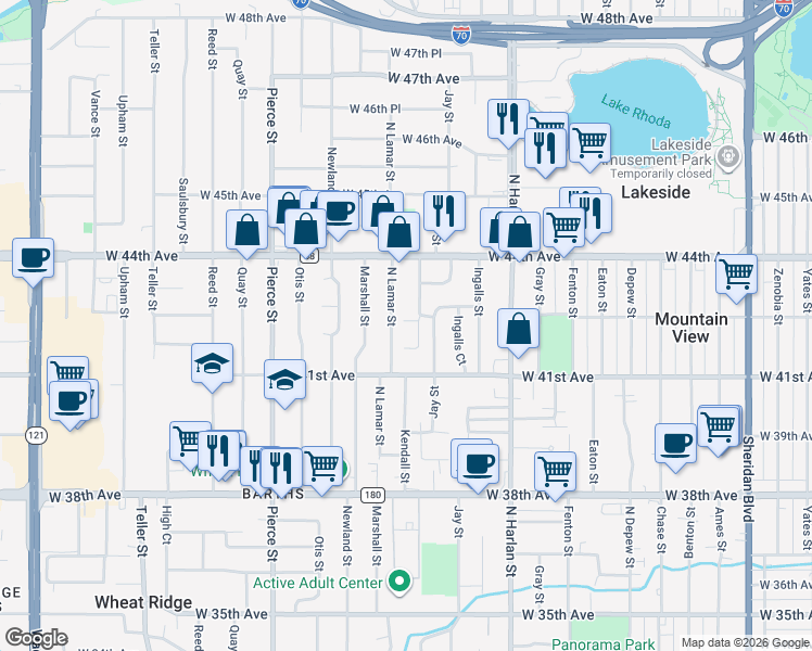 map of restaurants, bars, coffee shops, grocery stores, and more near 4155 North Lamar Street in Wheat Ridge