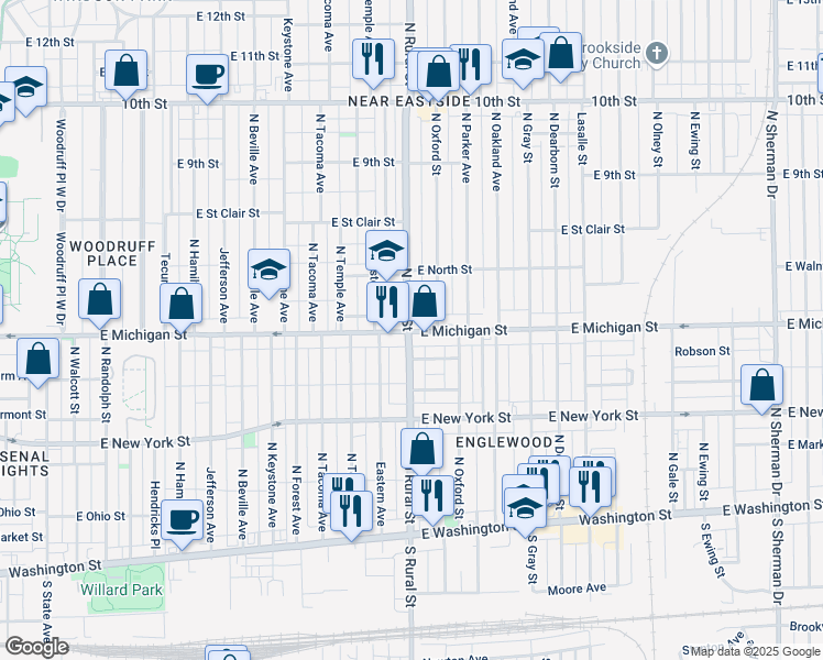 map of restaurants, bars, coffee shops, grocery stores, and more near in Indianapolis